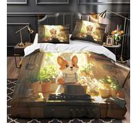 Chef Corgi cocinando 3D Impresión Edredón funda 3pz Microfibra hipoalergénica escena de cocina de dibujos animados Funda de edredón 2 fundas fácil cuidado Familia Invitados Single (135x200cm)