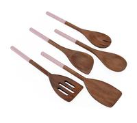 Chef Pomodoro Utensilios de Cocina Madera | Set 5 Piezas Menaje de Cocina Utensilios | Cuchara Madera, Paleta Cocina, Espátula, Tenedor, Espátula con Ranuras 30 cm | Set Utensilios de Cocina (Rosa)
