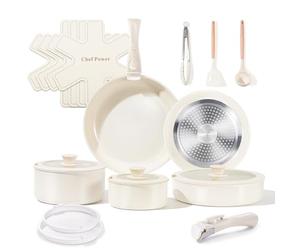 Chef Power Juego de utensilios de cocina de cerámica no tóxicos con asas desmontables, sartenes y ollas antiadherentes saludables, 19 piezas, juego de cocina apto para lavavajillas y horno, libre de