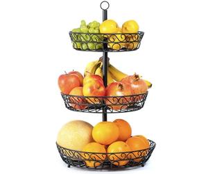 Chefarone frutero de 3 pisos - Cesta de frutas metálica para mostrador y organizador cocina - Fruteros de cocina negro estilo vintage - Para verduras y frutas frescas - Soporte de frutas con cuencos