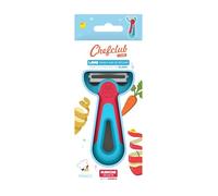 ChefClub - Estuche de cuchillo - Pelador para niños, ayuda al descubrimiento culinario, para manos pequeñas, protector de dedos, protector de cuchillas, plástico sólido, acero inoxidable (azul y rojo)