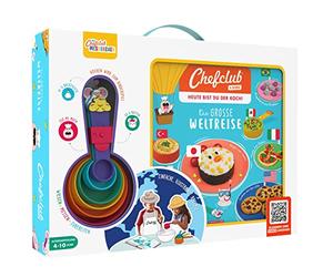 Chefclub Kids - Juego de libros de cocina «The Great Journey of the World» con tazas medidoras, atlas y pegatinas, arte de cocina para niños, versión en alemán