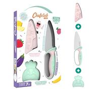 CHEFCLUB KIDS - Kit de cuchillos de cocina para niños - Hoja de acero inoxidable - Protector de dedos y hoja - Utensilio seguro y ergonómico - Rosa y verde pastel - Ideal a partir de 7 años