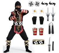 Cheffery Disfraz Ninja Niño, Disfraz Samurái, Set de Disfraz Guerrero Sombrío para Carnaval con Unchaku, Dardos de Espuma y Otros Accesorios, Disfraces de Carnaval para Niños, Cosplay Carnaval (L)