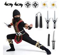 Cheffery Disfraz Ninja Niño, Disfraz Samurái, Set de Disfraz Guerrero Sombrío para Carnaval con Unchaku, Dardos de Espuma y Otros Accesorios, Disfraces de Carnaval para Niños, Cosplay Carnaval (M)