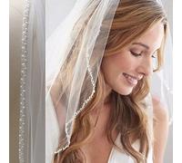 CHEFRU Velo de Novia 1 Nivel, Cuentas Elegantes, Borde de Perlas de Cristal, Velo de Novia Largo Blanco Marfil con Peine, Velo de Catedral Delicado Personalizado