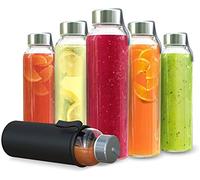 Chef's Star Botellas de agua de vidrio transparente de 18 onzas, botellas de jugo de vidrio reutilizables con funda de protección y tapas de acero inoxidable a prueba de fugas, juego de 6
