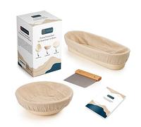 Chefstair Cesta de fermentación + recetas: la cesta de fermentación ideal para hornear pan de ratán natural, sin productos químicos (redonda, diámetro 25 cm, ovalada, 30 x 15 cm), con inserto de lino