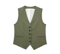 CheJooe Chaleco de lino para mujer, sin mangas, con botones, cuello en V, color sólido, casual, ombliguera, retro, para verano, Ejercito Verde, L