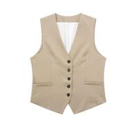 CheJooe Chaleco de lino para mujer, sin mangas, con botones, cuello en V, color sólido, casual, ombliguera, retro, para verano, Caqui-1, L