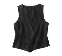 CheJooe Chaleco de lino y algodón para mujer, color liso, con cárdigan exterior, casual, cuello en V, chaleco para ir al trabajo con traje, Negro 1, L