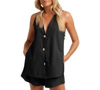 CheJooe Conjunto de 2 piezas de pantalones cortos de verano para mujer, trajes de lino sin mangas, chaleco con botones, camiseta sin mangas y pantalones cortos de pierna ancha, trajes de ocio, trajes