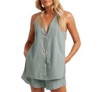 CheJooe Conjunto de 2 piezas de pantalones cortos de verano para mujer, trajes de lino sin mangas, chaleco con botones, camiseta sin mangas y pantalones cortos de pierna ancha, trajes de ocio, trajes