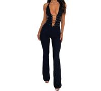 CheJooe Conjunto sexy de encaje transparente para mujer, body de encaje floral transparente Y2K, conjunto de pantalones de una pieza para fiesta y club, A-negro, S