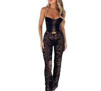 CheJooe Conjunto sexy de encaje transparente para mujer, body de encaje floral transparente Y2K, conjunto de pantalones de una pieza para fiesta y club, B-negro, L
