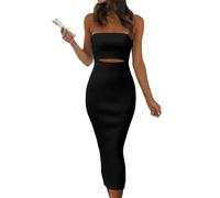 CheJooe Vestido midi de verano para mujer, entallado, a rayas, recortado, de punto, largo, ajustado, elegante, Negro, L