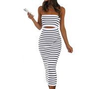 CheJooe Vestido midi de verano para mujer, entallado, a rayas, recortado, de punto, largo, ajustado, elegante, A-negro blanco, L