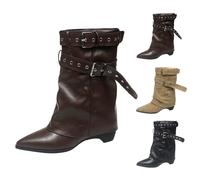 Chelsea Boots - Botas altas para mujer, elegantes, de piel, plegables, hasta la rodilla, largas, puntiagudas, café, 37 EU