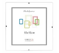 CHELY INTERMARKET MOD300 Marco Portafoto Clip Metacrilato Sin Borde Moderno 15x15cm Montaje Vertical Horizontal Decoración Posters Carteles Oficinas Galerías Color Transparente Incluye 1 Unidad