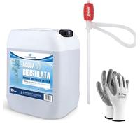 CHEMICA SOLUTIONS Agua bidestilada pura para uso industrial y clínico, bidón de 10 litros, destilada dos veces, desmineralizada, fabricado en Italia + bomba manual para trasvase líquidos + guantes de