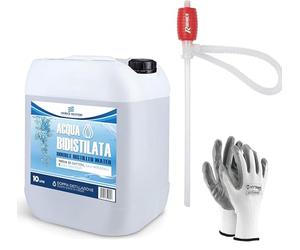 CHEMICA SOLUTIONS Agua bidestilada pura para uso industrial y clínico, bidón de 10 litros, destilada dos veces, desmineralizada, fabricado en Italia + bomba manual para trasvase líquidos + guantes de