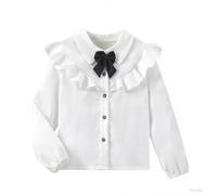 Chemisier pour fille avec bordure en dentelle et nœud papillon, chemise décontractée à manches longues pour enfants, haut d'automne pour filles de 8 à 12 ans, tenue d'école (White, 7-8 Years)