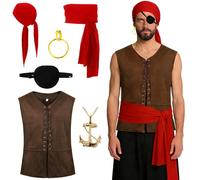 CHENBOOW Disfraz de pirata para Hombre,6 Piezas Disfraz Pirata Hombre,Disfraces Piratas Carnaval Adulto,Accesorios de Piratas,para Carnaval,Halloween y Fiestas de Cosplay