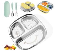CHENBOOW Platos de Acero Inoxidable para Niños,Platos Divididos,Platos de Control de Porciones,Platos Bebe Con Ventosa,plato de Acero Inoxidable con Ventosa,con Tenedor Y Cuchara