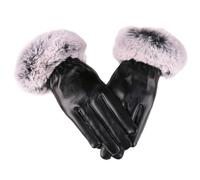 CHENGHANG Guantes térmicos para mujer que pueden tocar la pantalla de cuero PU terciopelo cálido y resistente al frío Conducir conejo piel cuello guantes de cuero (pelo liso negro, talla única para