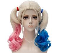 chenghuax Suicide Squad Harley Quinn Anime Cosplay Pelucas Corta Mullido Mullido Dos Tonos Resistente al Calor Fiesta de Fibra Sectésica con Gorras Libres 18 Pulgadas (Color: Azul Pink)
