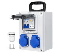 CHENGPI Distribuidor de Corriente con Interruptor FI 1P + N 16A, Caja Enchufes Pared con 2 Enchufes Schuko de AC 250V/16a, Caja de Distribución Portátil de Superficie para Construcción
