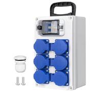 CHENGPI Distribuidor de Corriente con Interruptor FI 2P 63A, Caja Enchufes Pared con 6 Enchufes Schuko de AC 250V/16a, Caja de Distribución Portátil de Superficies de Construcción