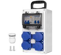CHENGPI Distribuidor de Corriente con Interruptor FI 2P + N 32A, Caja Enchufes Pared con Cuatro Enchufes Schuko de AC 250V/16a, Caja de Distribución Portátil de Superficies de Construcción
