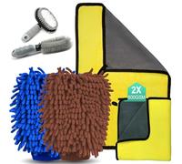 CHENKEE Guantes de Limpieza y Lavado de Coche, 6 Piezas Kit de Limpieza para Coche,2 Pcs Guante de Microfibras,2 Pcs Paños de Microfibra,2 Pcs Cepillo de Limpieza, para Limpieza Coches