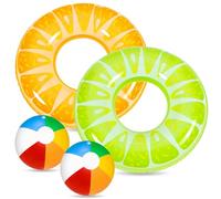 Chennyfun 4 Pcs Inflable Anillo de Natación Set para Niños y Adultos, con Balones de Playa, con Ddibujo de Limón y Naranja, Divertidos Juguetes Flotantes Inflables para Piscina y Fiestas