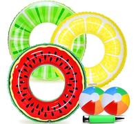 Chennyfun 6 Pcs Inflable Anillo de Natación Set para Niños y Adultos, Balones de Playa y Bombas Hinchables, con Ddibujo de Lemon y Kiwi, Divertidos Juguetes Flotantes Inflables para Piscina y Fiestas
