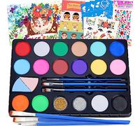 Chennyfun Eye Shadow Set de Pintura Cara Infantil,Unicornios Pintura Facial 16 Colores, con 1 Folleto Tutorial Pintado y 3 Pinceles, 3 Brillos para Halloween/Navidad/Cosplay de Maquillaje