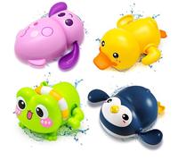 Chennyfun Juguete Baño Bebe, 4 Pez Juguetes Bañera para Bebe de 1 2 3 Año, Juegos de Agua Baño, Bañera Animales Flotante Juguetes-Pingüino Rana Pato Calamar, Juego de Ducha Piscina para Niño Niña
