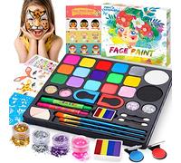 Chennyfun Set de Pintura Cara Infantil, Pintura Facial 17 Colores, Mayor Capacidad Blanco y Negro, con 1 Folleto Tutorial Pintado y 4 Pinceles, 2 Brillos para Halloween/Navidad/Cosplay de Maquillaje