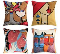 Chenso Juego de 4 Fundas de cojín Picasso 45x45cm Impresión de patrón Abstracto Vintage Fundas de cojín Decorativas de Felpa para sofás Modernos Dormitorio Oficina-45 x 45 cm_Style-4