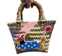 Chenxi Studio Elegante bolso tejido para mujer con estampado de perro salchicha y rayas retro, bolsos de compras casuales para varias ocasiones, elegante bolso de mano para mujer, Perro globo rojo