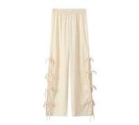 Chenxiyin Pantalones de pierna ancha a rayas para mujer, pantalones de descanso Y2K, pantalones sueltos con cordones, amarillo, L