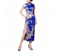 Cheongsam De Mujer Manga Corta Cuello Mandarín Estilo Qipao Chino con Estampado Floral De Pavo Real Abertura Lateral Alta Vestido Midi Oriental para Fiestas Bodas Invitadas Año Nuevo Lunar Azul Re