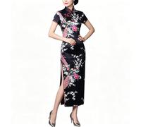Cheongsam De Mujer Manga Corta Cuello Mandarín Estilo Qipao Chino con Estampado Floral De Pavo Real Abertura Lateral Alta Vestido Midi Oriental para Fiestas Bodas Invitadas Año Nuevo Lunar Negro X