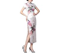 Cheongsam De Mujer Manga Corta Cuello Mandarín Estilo Qipao Chino con Estampado Floral De Pavo Real Abertura Lateral Alta Vestido Midi Oriental para Fiestas Bodas Invitadas Año Nuevo Lunar Color P