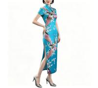 Cheongsam De Mujer Manga Corta Cuello Mandarín Estilo Qipao Chino con Estampado Floral De Pavo Real Abertura Lateral Alta Vestido Midi Oriental para Fiestas Bodas Invitadas Año Nuevo Lunar Azul Ta