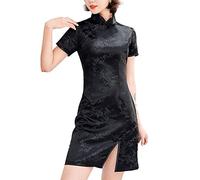 Cheongsam - Disfraz de manga corta con abertura lateral, estampado floral, cuello mandarín, vintage, chino, noche, mini traje de cóctel, 145-5-negro, M
