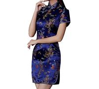 Cheongsam - Vestido Qipao para mujer, ajustado, manga corta, cuello mandarín, abertura lateral, estampado floral chino, vestido de dragón, Dragón Azul Oscuro, XXXXL