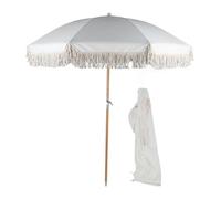 CHEOTIME Boho Beach Patio Umbrella with Fringe, Patio Umbrella with Fringe 8 Fiberglass Ribs UV Proof Large Outdoor Table Market Umbrella for Garden Deck Backyard Pool (Beige)
