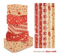 CHEPULA Papel Regalo Navidad 5 Rollo, 300cm x 43cm Papel Envolver Navideños Infantil, Reciclable Kraft Papel Regalo Christmas Wrapping Paper, Marron & Rojo